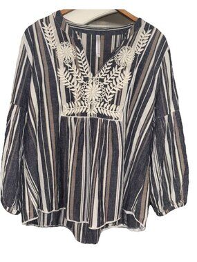 RockFlowerPaper Women's XL Boho Peasant Embroidered Blouse Top Cotton Flax Blend